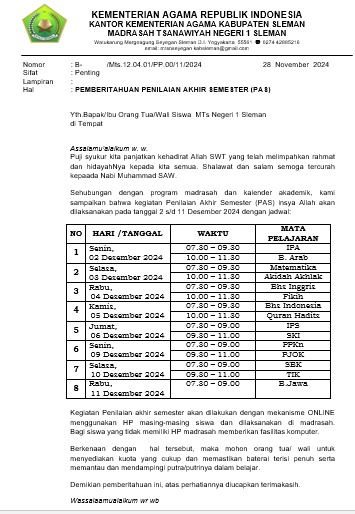 PEMBERITAHUAN JADWAL PAS DAN ASAS SEMESTER GASAL T.A. 2024/2025